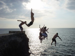 Jumping cliffs in Negril with some of my dude friends.
